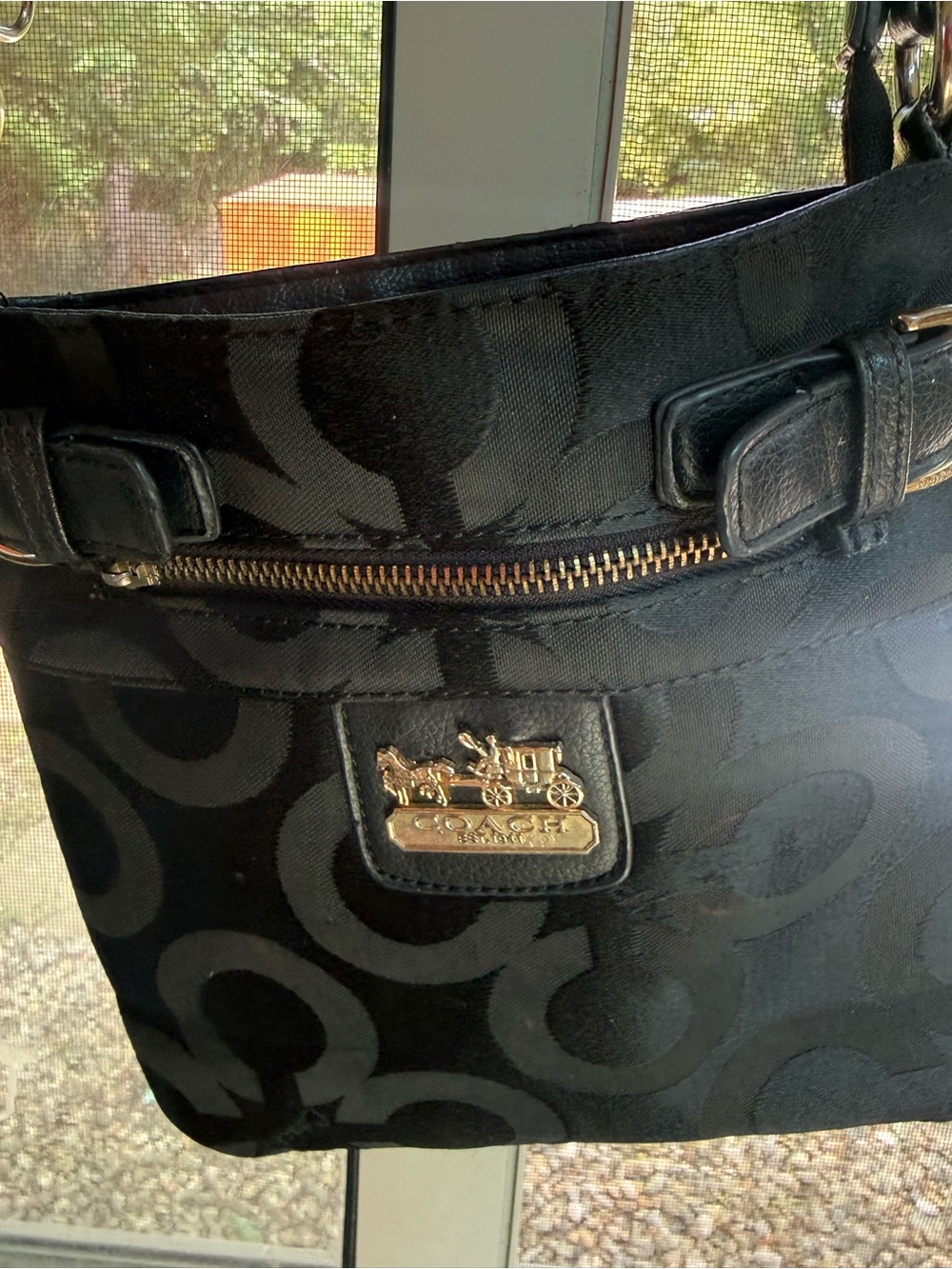 100% Authentic Coach Black Signature Messenger Bag with Gold Hardware